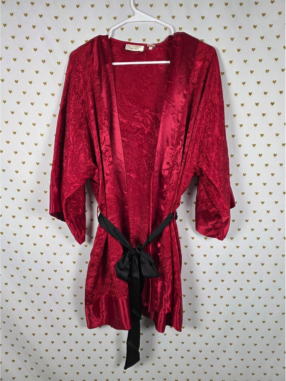 Vintage Victoria's Secret Red Jacquard Satin Kimono Robe Black Sash OS